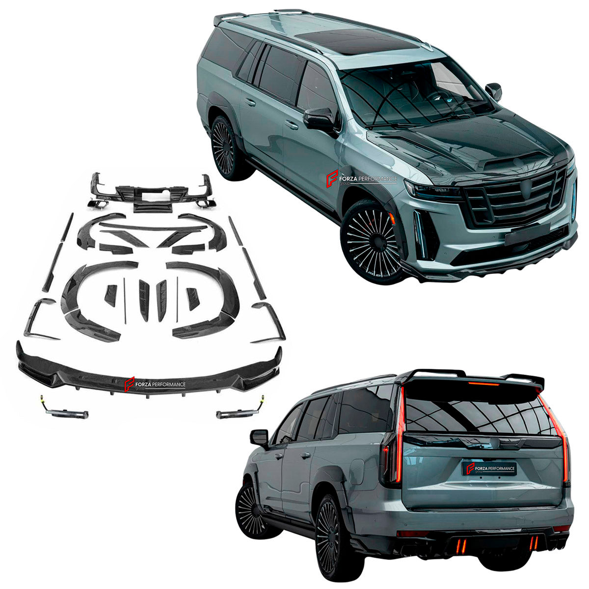 CARBON BODY KIT for Cadillac Escalade V 2021 - 2024
Set includes:

Front Lip
Front Fenders
Side Skirts
Rear Fenders
Rear Diffuser
Material: Carbon

NOTE: Professional installation is required.
