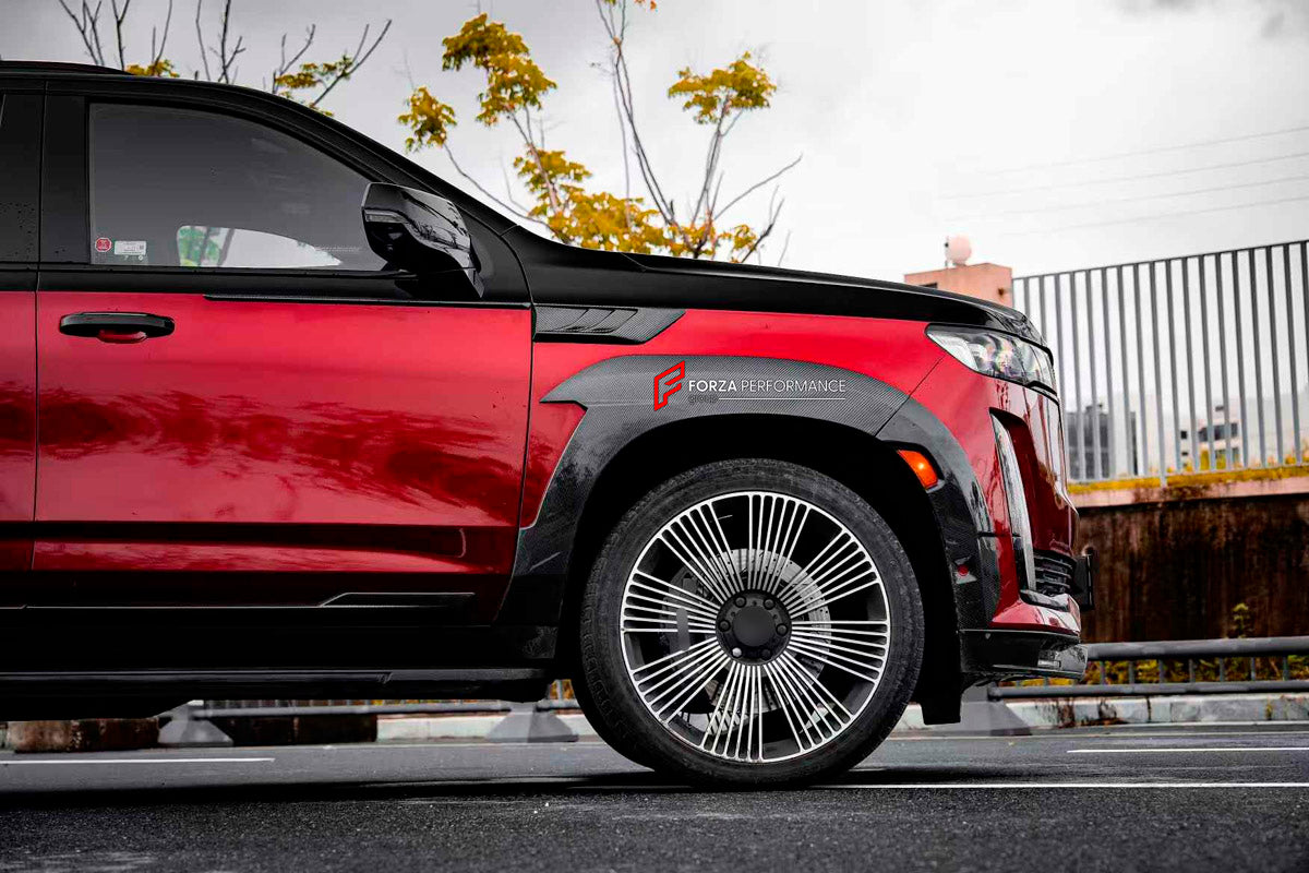 CARBON BODY KIT for Cadillac Escalade V 2021 - 2024
Set includes:

Front Lip
Front Fenders
Side Skirts
Rear Fenders
Rear Diffuser
Material: Carbon

NOTE: Professional installation is required.