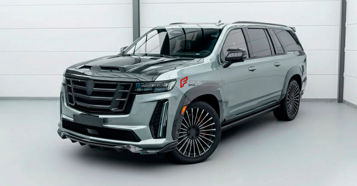 CARBON BODY KIT for Cadillac Escalade V 2021 - 2024
Set includes:

Front Lip
Front Fenders
Side Skirts
Rear Fenders
Rear Diffuser
Material: Carbon

NOTE: Professional installation is required.