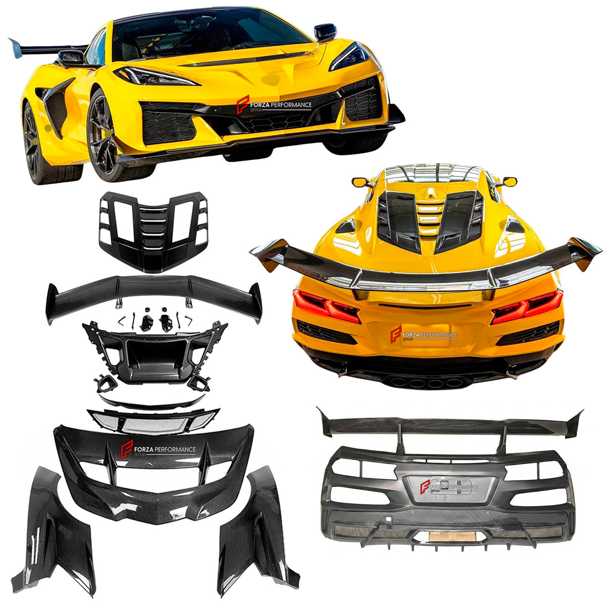 CARBON BODY KIT for Chevrolet Corvette C8 Z06 2020+
Set includes:

Front Lip
Hood Bonnet
Engine Cover
Engine Cover Lid
Rear Spoiler Wing
Rear Fenders
Rear Bumper Assembly
Rear Diffuser
Material: Carbon

NOTE: Professional installation is required.