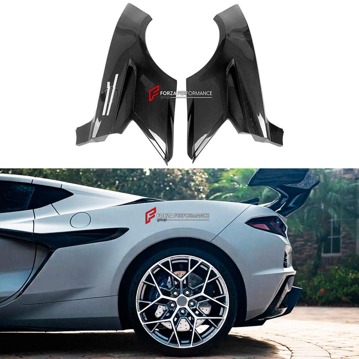 CARBON BODY KIT for Chevrolet Corvette C8 Z06 2020+
Set includes:

Front Lip
Hood Bonnet
Engine Cover
Engine Cover Lid
Rear Spoiler Wing
Rear Fenders
Rear Bumper Assembly
Rear Diffuser
Material: Carbon

NOTE: Professional installation is required.