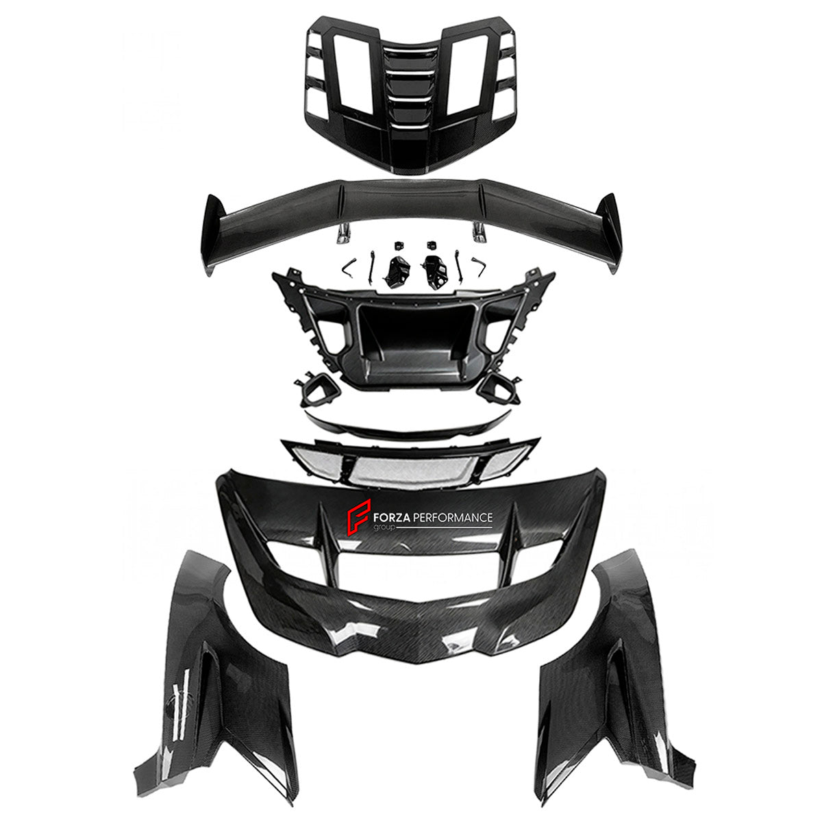 CARBON BODY KIT for Chevrolet Corvette C8 Z06 2020+
Set includes:

Front Lip
Hood Bonnet
Engine Cover
Engine Cover Lid
Rear Spoiler Wing
Rear Fenders
Rear Bumper Assembly
Rear Diffuser
Material: Carbon

NOTE: Professional installation is required.
