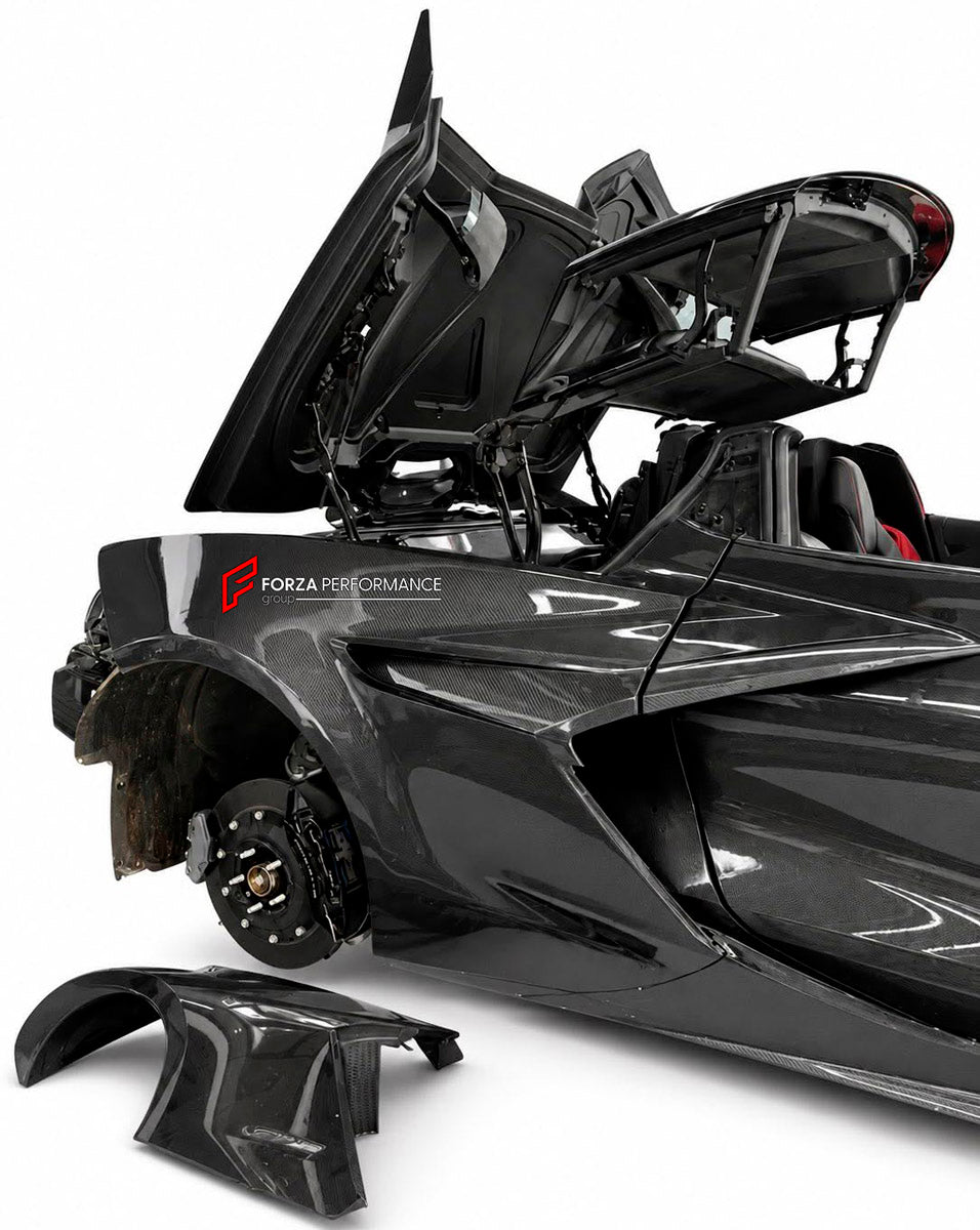 CARBON BODY KIT for Chevrolet Corvette C8 Z06 2020+
Set includes:

Front Lip
Hood Bonnet
Engine Cover
Engine Cover Lid
Rear Spoiler Wing
Rear Fenders
Rear Bumper Assembly
Rear Diffuser
Material: Carbon

NOTE: Professional installation is required.