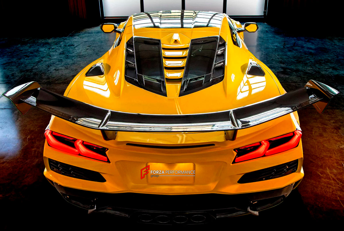 CARBON BODY KIT for Chevrolet Corvette C8 Z06 2020+
Set includes:

Front Lip
Hood Bonnet
Engine Cover
Engine Cover Lid
Rear Spoiler Wing
Rear Fenders
Rear Bumper Assembly
Rear Diffuser
Material: Carbon

NOTE: Professional installation is required.