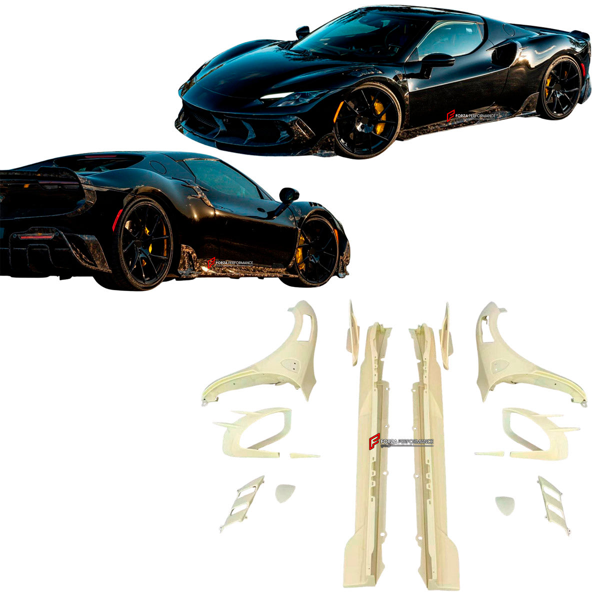 CARBON BODY KIT for FERRARI 296 GTB 2022+ FORZA PERFORMANCE custom fit Mansory
Set includes:

Front Fenders
Front Fender Vents
Front Fenders Emblem Logo
Side Skirts
Rear Fenders Vents
Material: Carbon

NOTE: Professional installation is required.