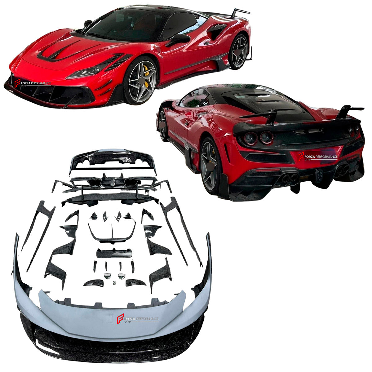 CARBON BODY KIT for Ferrari F8 2019 - 2022
Set includes:

Front Lip
Front Bumper Assembly
Side Skirts
Ducktail Spoiler
Rear Bumper Assembly
Rear Diffuser
Material: Carbon

NOTE: Professional installation is required.