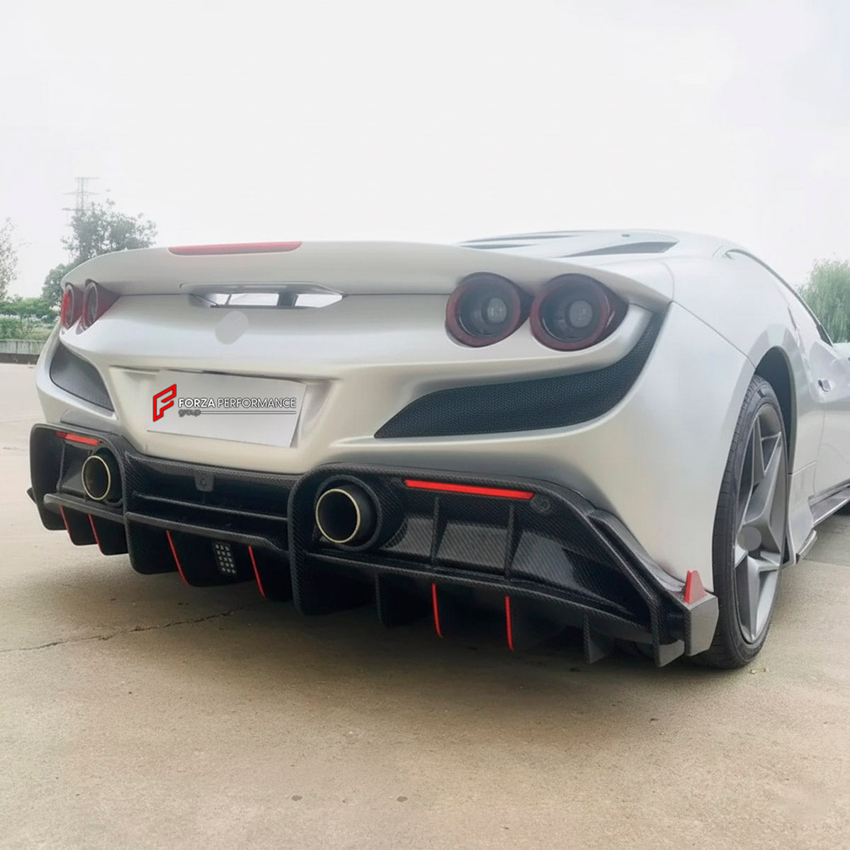 CARBON BODY KIT for Ferrari F8 2019 - 2022
Set includes:

Front Lip
Front Bumper Assembly
Side Skirts
Ducktail Spoiler
Rear Bumper Assembly
Rear Diffuser
Material: Carbon

NOTE: Professional installation is required.