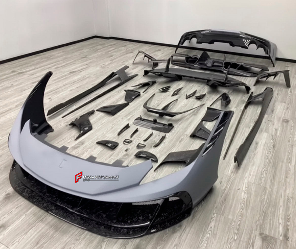 CARBON BODY KIT for Ferrari F8 2019 - 2022
Set includes:

Front Lip
Front Bumper Assembly
Side Skirts
Ducktail Spoiler
Rear Bumper Assembly
Rear Diffuser
Material: Carbon

NOTE: Professional installation is required.