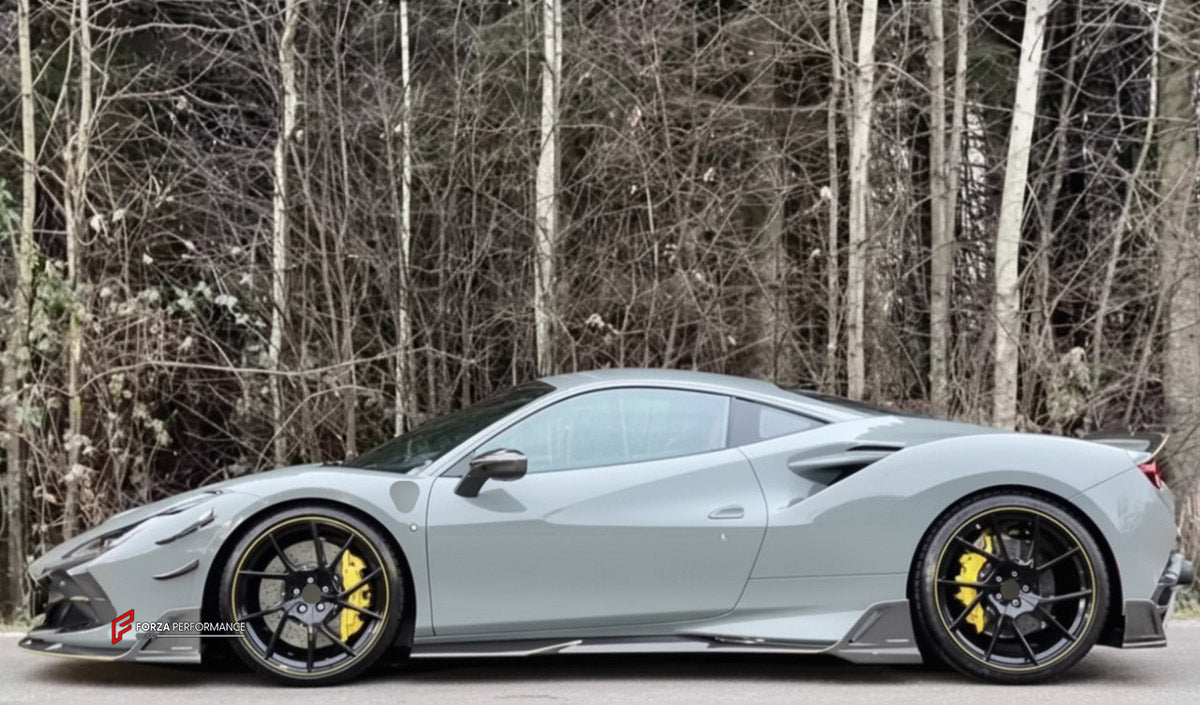 CARBON BODY KIT for Ferrari F8 2019 - 2022
Set includes:

Front Lip
Front Bumper Assembly
Side Skirts
Ducktail Spoiler
Rear Bumper Assembly
Rear Diffuser
Material: Carbon

NOTE: Professional installation is required.