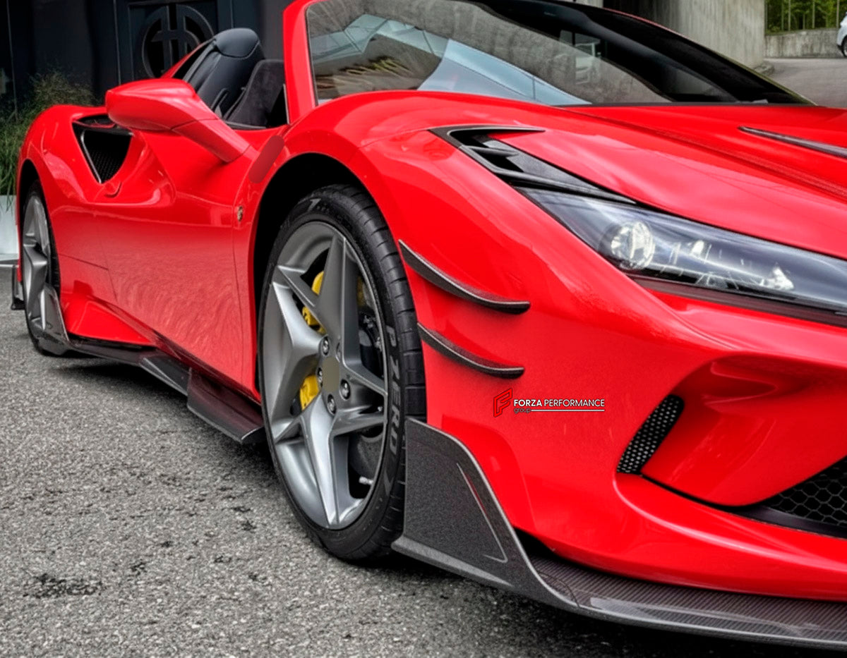 CARBON BODY KIT for Ferrari F8 2019 - 2022
Set includes:

Front Lip
Front Bumper Assembly
Side Skirts
Ducktail Spoiler
Rear Bumper Assembly
Rear Diffuser
Material: Carbon

NOTE: Professional installation is required.