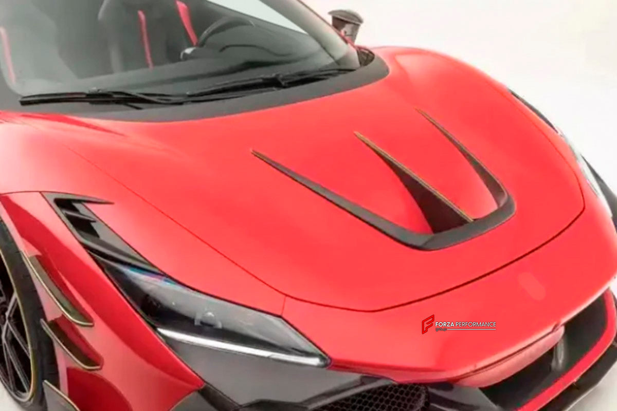 CARBON BODY KIT for Ferrari F8 2019 - 2022
Set includes:

Front Lip
Front Bumper Assembly
Side Skirts
Ducktail Spoiler
Rear Bumper Assembly
Rear Diffuser
Material: Carbon

NOTE: Professional installation is required.