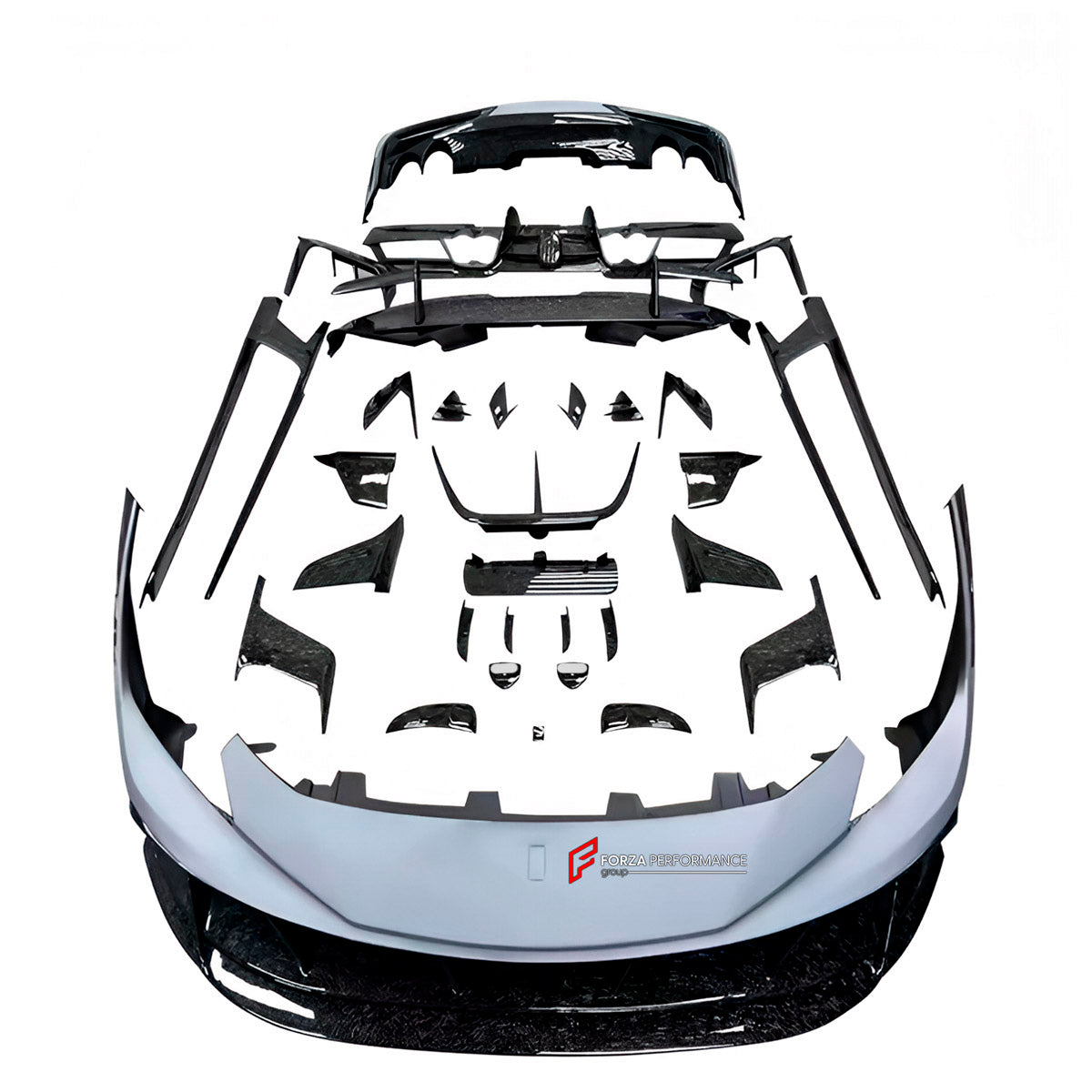 CARBON BODY KIT for Ferrari F8 2019 - 2022
Set includes:

Front Lip
Front Bumper Assembly
Side Skirts
Ducktail Spoiler
Rear Bumper Assembly
Rear Diffuser
Material: Carbon

NOTE: Professional installation is required.