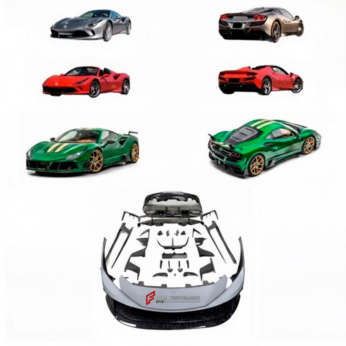 CARBON BODY KIT for Ferrari F8 2019 - 2022
Set includes:

Front Lip
Front Bumper Assembly
Side Skirts
Ducktail Spoiler
Rear Bumper Assembly
Rear Diffuser
Material: Carbon

NOTE: Professional installation is required.