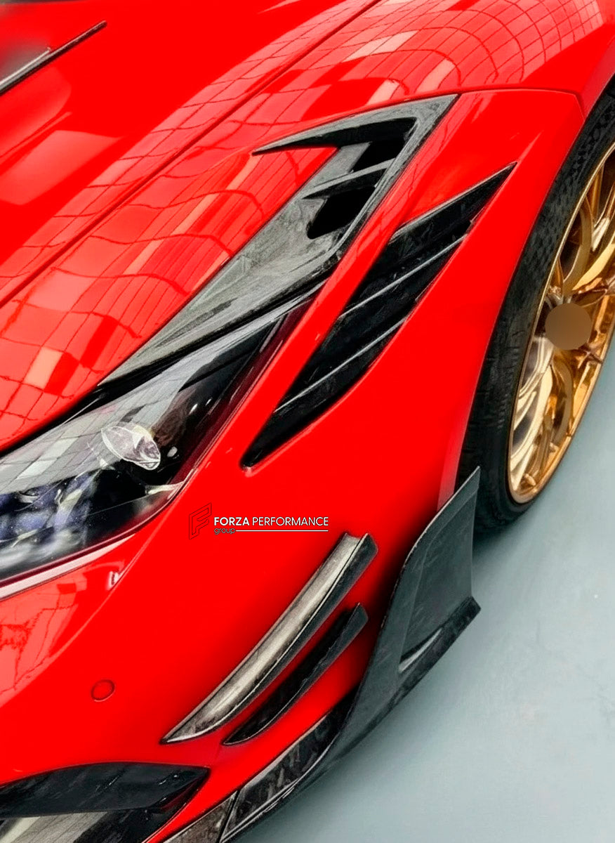 CARBON BODY KIT for Ferrari F8 2019 - 2022
Set includes:

Front Lip
Front Bumper Assembly
Side Skirts
Ducktail Spoiler
Rear Bumper Assembly
Rear Diffuser
Material: Carbon

NOTE: Professional installation is required.