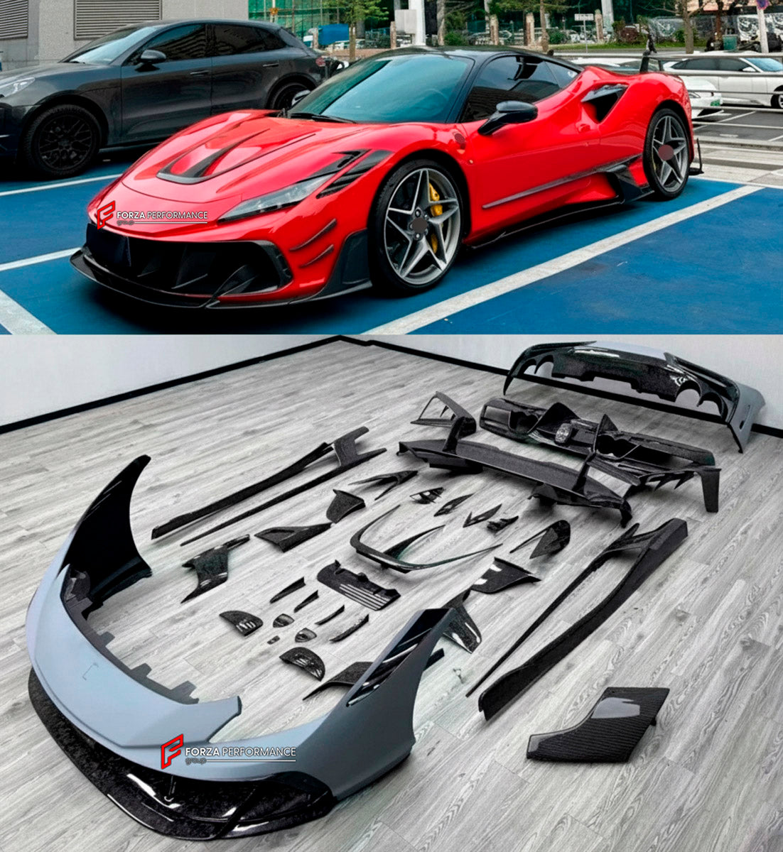 CARBON BODY KIT for Ferrari F8 2019 - 2022
Set includes:

Front Lip
Front Bumper Assembly
Side Skirts
Ducktail Spoiler
Rear Bumper Assembly
Rear Diffuser
Material: Carbon

NOTE: Professional installation is required.