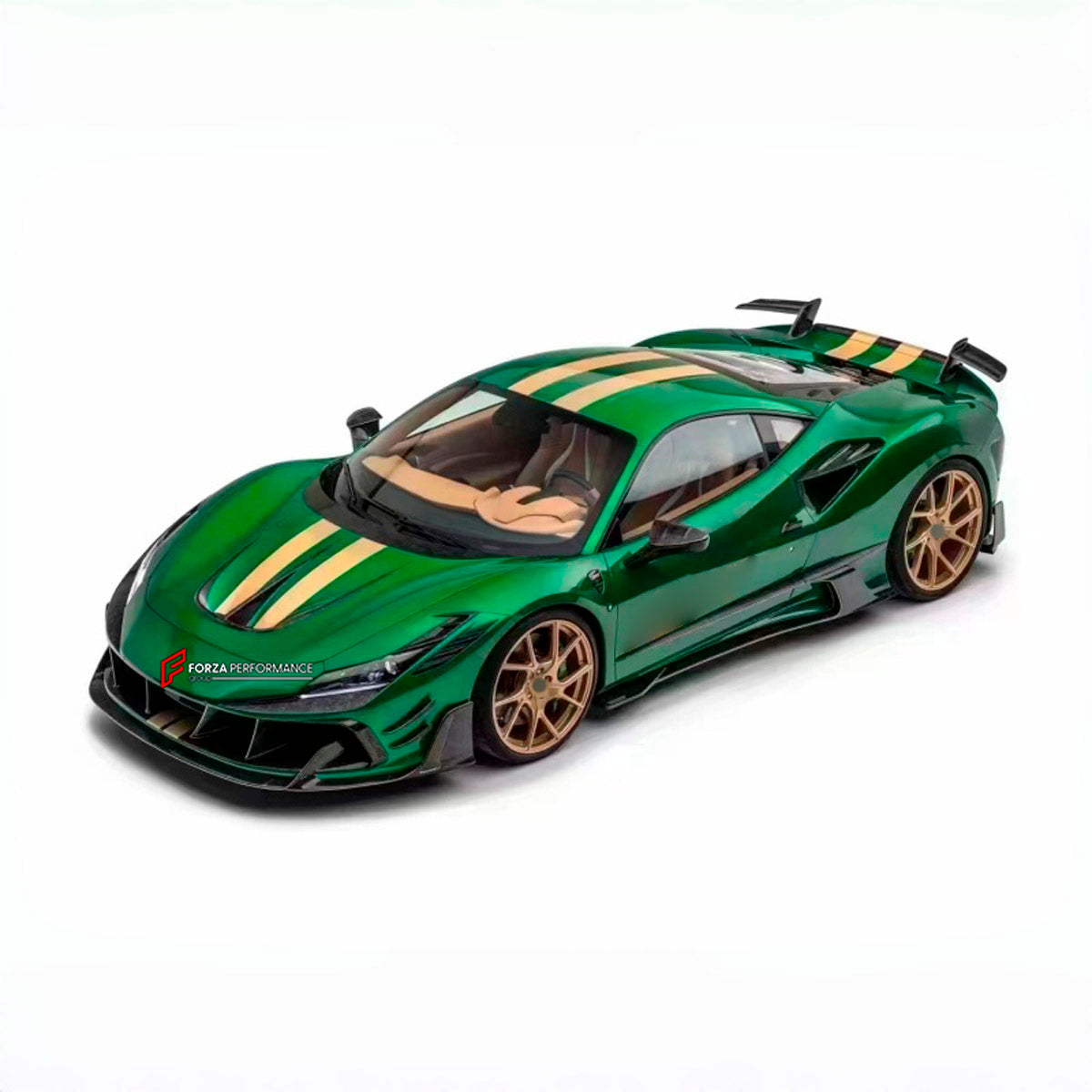 CARBON BODY KIT for Ferrari F8 2019 - 2022
Set includes:

Front Lip
Front Bumper Assembly
Side Skirts
Ducktail Spoiler
Rear Bumper Assembly
Rear Diffuser
Material: Carbon

NOTE: Professional installation is required.