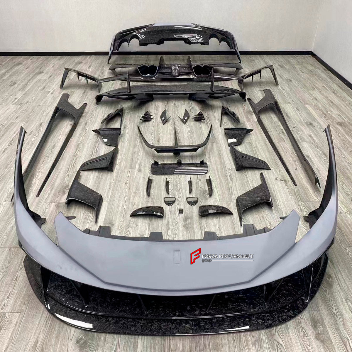 CARBON BODY KIT for Ferrari F8 2019 - 2022
Set includes:

Front Lip
Front Bumper Assembly
Side Skirts
Ducktail Spoiler
Rear Bumper Assembly
Rear Diffuser
Material: Carbon

NOTE: Professional installation is required.