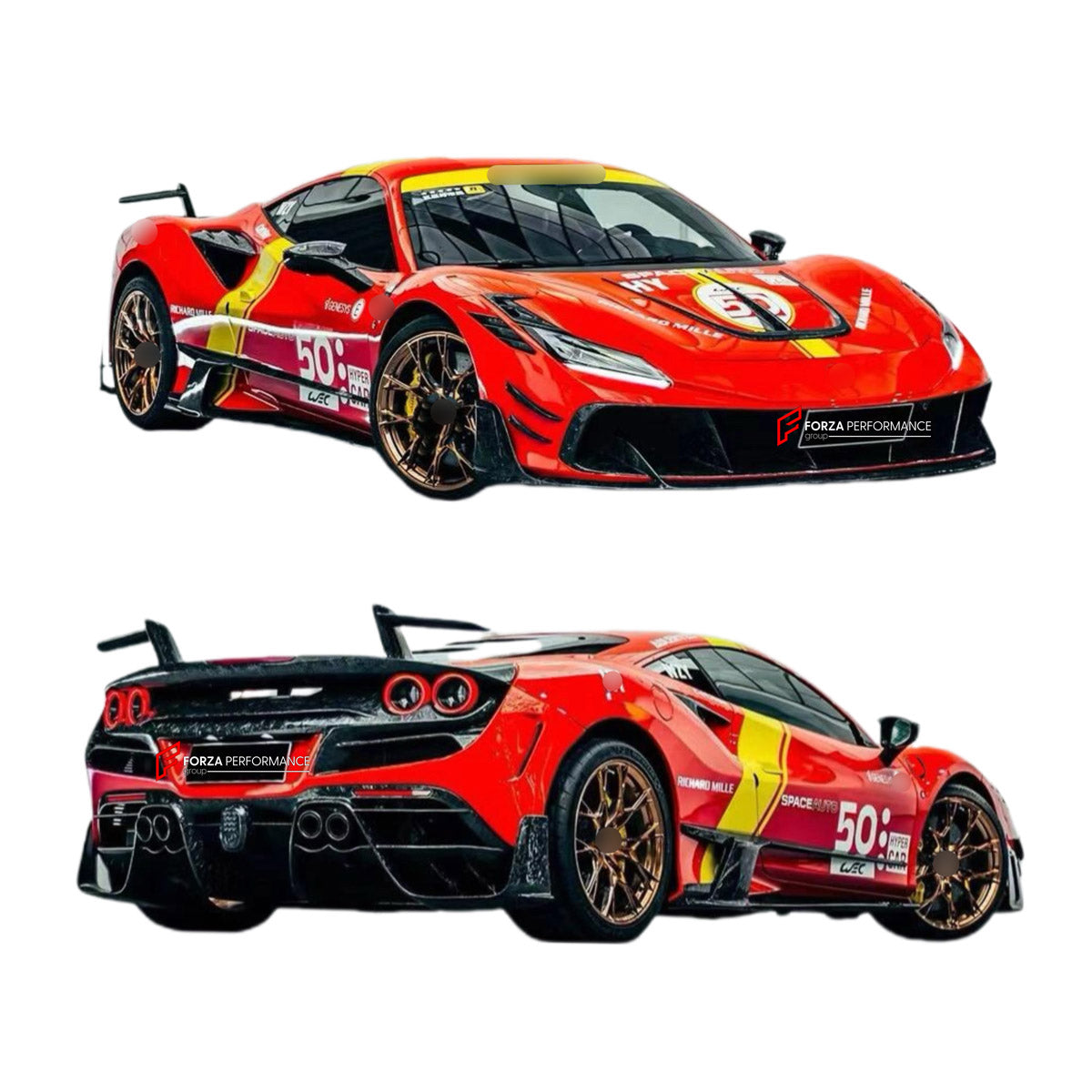 CARBON BODY KIT for Ferrari F8 2019 - 2022
Set includes:

Front Lip
Front Bumper Assembly
Side Skirts
Ducktail Spoiler
Rear Bumper Assembly
Rear Diffuser
Material: Carbon

NOTE: Professional installation is required.