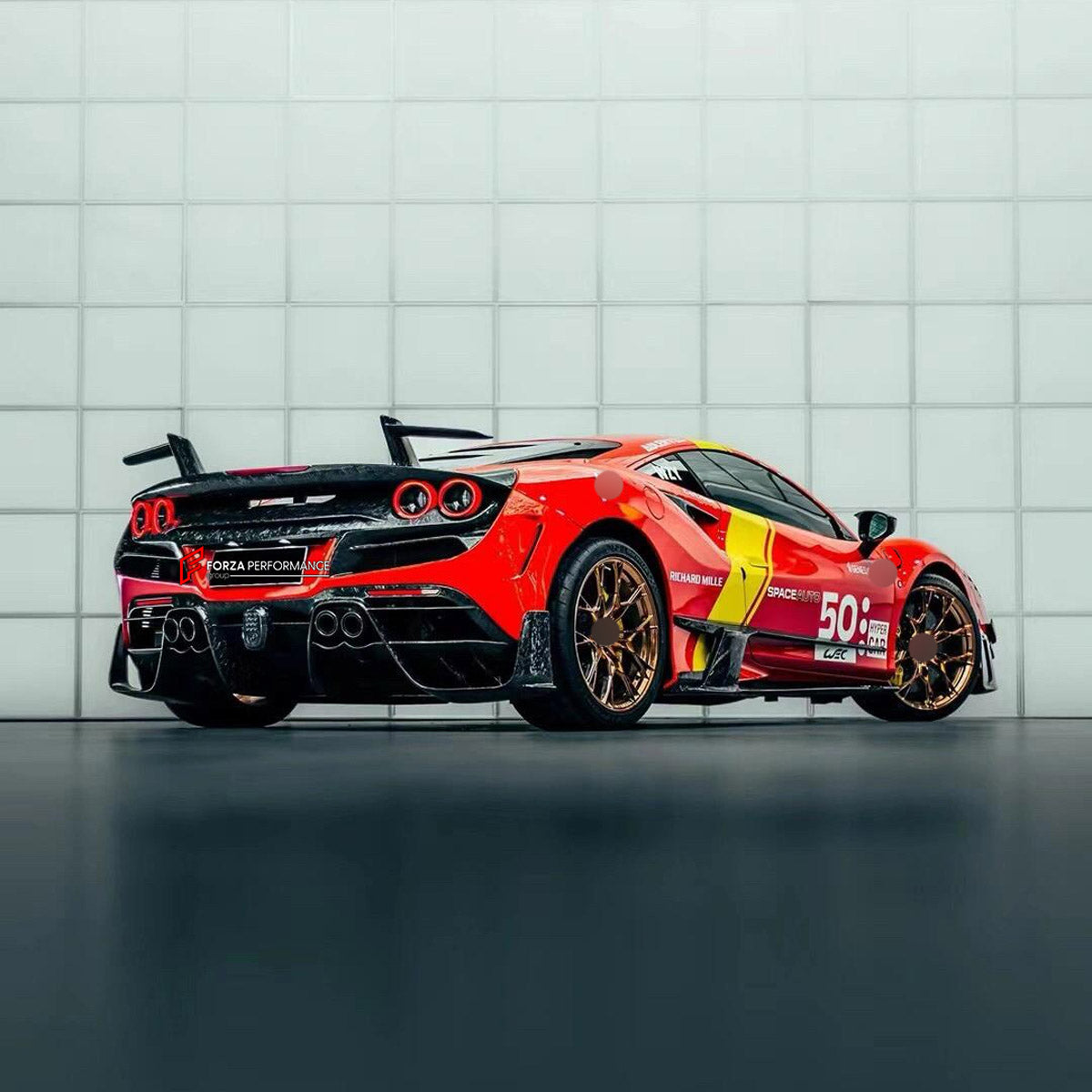 CARBON BODY KIT for Ferrari F8 2019 - 2022
Set includes:

Front Lip
Front Bumper Assembly
Side Skirts
Ducktail Spoiler
Rear Bumper Assembly
Rear Diffuser
Material: Carbon

NOTE: Professional installation is required.
