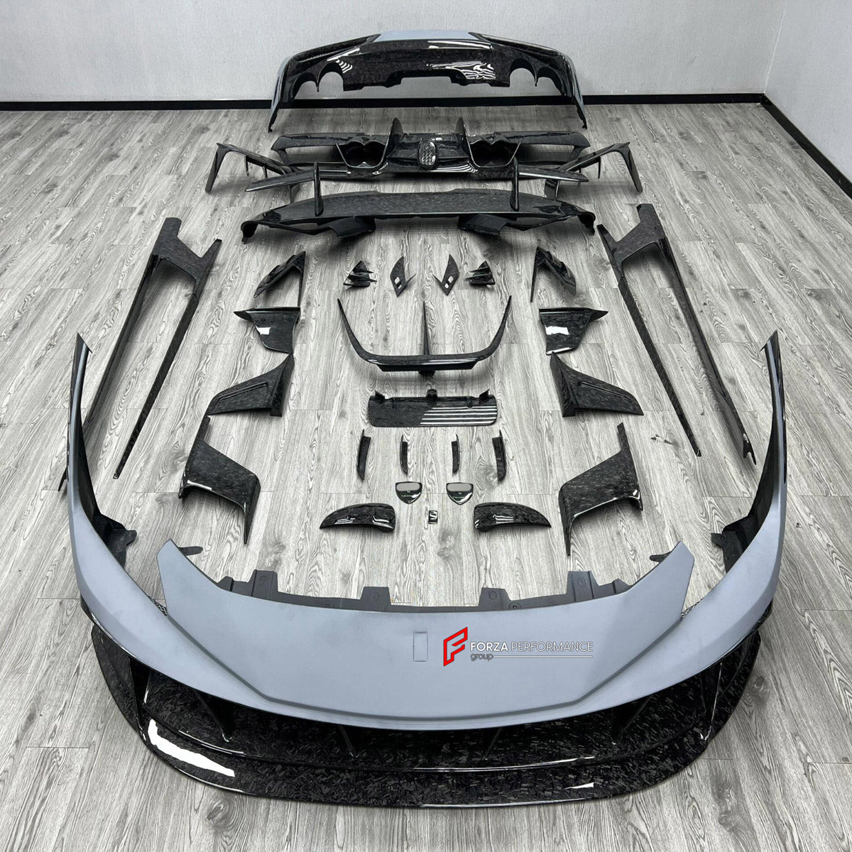 CARBON BODY KIT for Ferrari F8 2019 - 2022
Set includes:

Front Lip
Front Bumper Assembly
Side Skirts
Ducktail Spoiler
Rear Bumper Assembly
Rear Diffuser
Material: Carbon

NOTE: Professional installation is required.