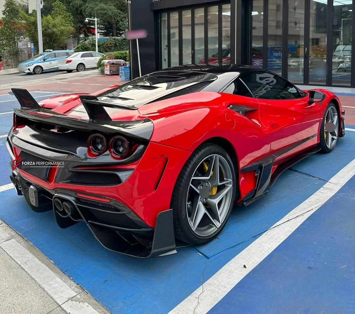 CARBON BODY KIT for Ferrari F8 2019 - 2022
Set includes:

Front Lip
Front Bumper Assembly
Side Skirts
Ducktail Spoiler
Rear Bumper Assembly
Rear Diffuser
Material: Carbon

NOTE: Professional installation is required.