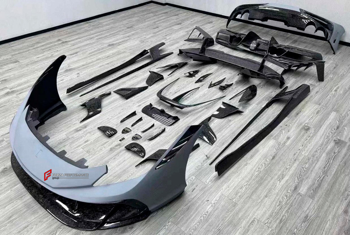 CARBON BODY KIT for Ferrari F8 2019 - 2022
Set includes:

Front Lip
Front Bumper Assembly
Side Skirts
Ducktail Spoiler
Rear Bumper Assembly
Rear Diffuser
Material: Carbon

NOTE: Professional installation is required.