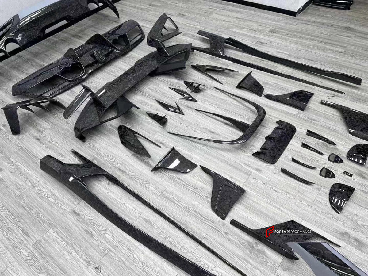 CARBON BODY KIT for Ferrari F8 2019 - 2022
Set includes:

Front Lip
Front Bumper Assembly
Side Skirts
Ducktail Spoiler
Rear Bumper Assembly
Rear Diffuser
Material: Carbon

NOTE: Professional installation is required.