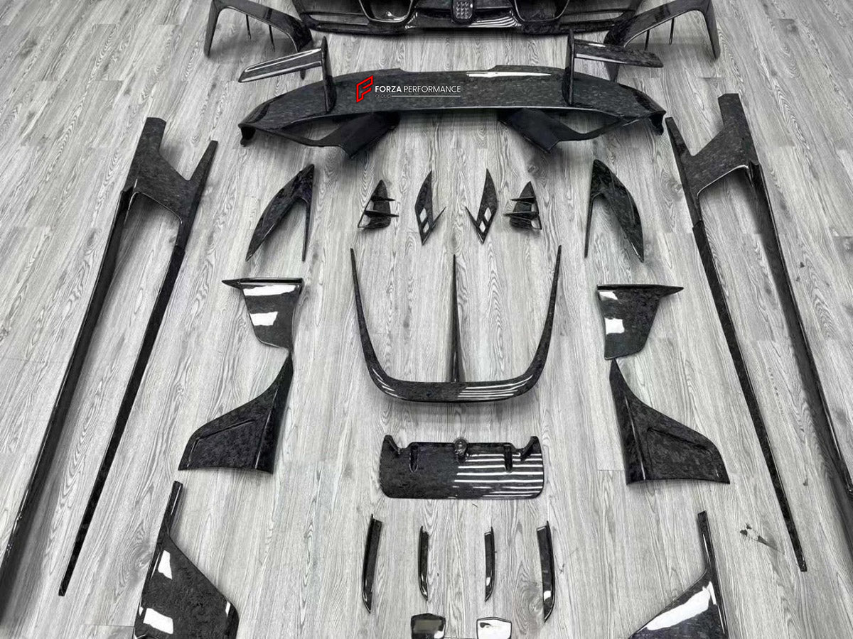CARBON BODY KIT for Ferrari F8 2019 - 2022
Set includes:

Front Lip
Front Bumper Assembly
Side Skirts
Ducktail Spoiler
Rear Bumper Assembly
Rear Diffuser
Material: Carbon

NOTE: Professional installation is required.