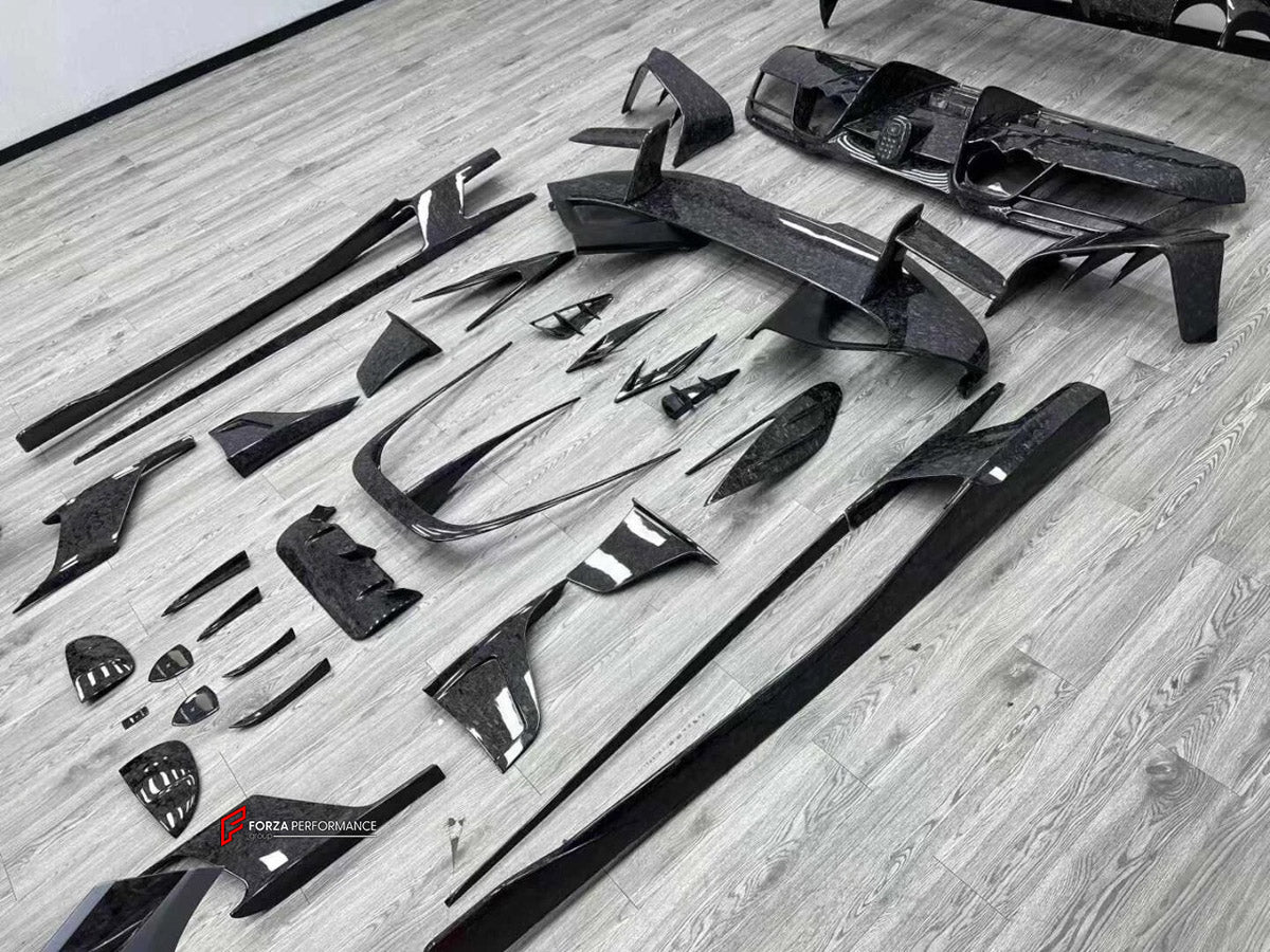 CARBON BODY KIT for Ferrari F8 2019 - 2022
Set includes:

Front Lip
Front Bumper Assembly
Side Skirts
Ducktail Spoiler
Rear Bumper Assembly
Rear Diffuser
Material: Carbon

NOTE: Professional installation is required.