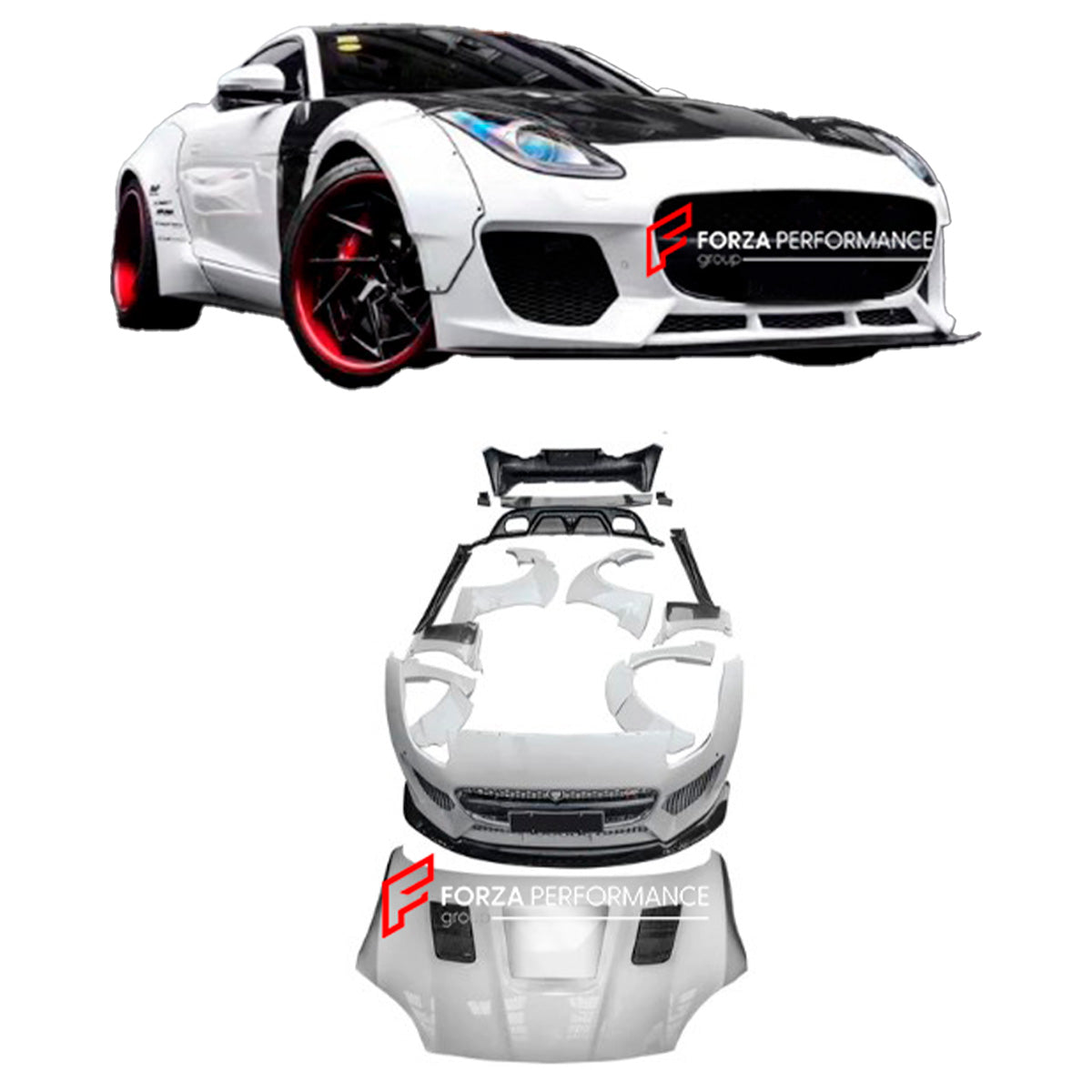CARBON BODY KIT for JAGUAR F-TYPE X152 2014+

Set includes:

Front Bumper
Front Lip
Front Fenders
Front Arch
Side Skirts
Rear Arch
Rear Spoiler
Rear Diffuser

Material: Carbon fiber

NOTE: Professional installation is required