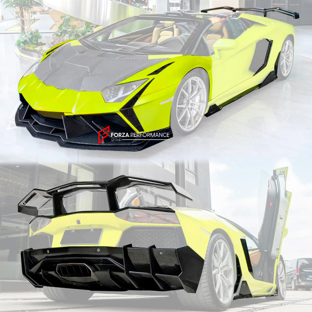 CARBON BODY KIT for LAMBORGHINI AVENTADOR LP700 2011 - 2016

Set includes:

Front Lip
Front Bumper
Hood / Bonnet
Front Fenders
Side Skirts
Rear Air Inlet Covers
Rear Fender Trims
Rear Wing Spoiler
Rear Diffuser

Material: Dry Carbon

NOTE: Professional installation is required