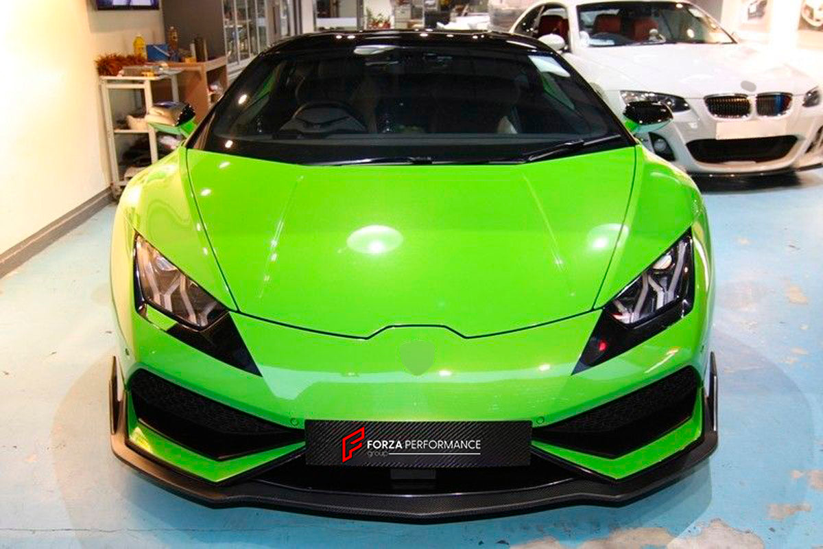 Carbon Body Kit for Lamborghini Huracan LP610
Set includes:

Front Lip Splitter
Rear Diffuser
Side Under Spoiler
Rear Wing Spoiler With Base
Side Skirt Air Scoop Covering Trim
Rear Fender Scoop Covering Trim
Material: Carbon

NOTE: Professional installation is required.