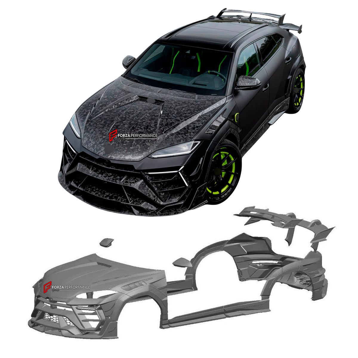 CARBON BODY KIT for Lamborghini Urus 2018+
Set includes:

Front Bumper
Front Bimper Fins
Front Lip
Hood Bonnet
Side Mirror Covers
Front Fenders
Front Fender Vents
Side Skirts
Rear Fenders
Roof Spoiler
Rear Spoiler Wing
Rear Bumper
Rear Diffuser
Material: Carbon

NOTE: Professional installation is required.