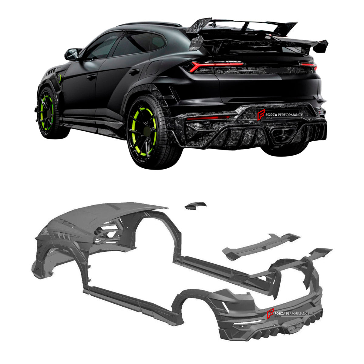 CARBON BODY KIT for Lamborghini Urus 2018+
Set includes:

Front Bumper
Front Bimper Fins
Front Lip
Hood Bonnet
Side Mirror Covers
Front Fenders
Front Fender Vents
Side Skirts
Rear Fenders
Roof Spoiler
Rear Spoiler Wing
Rear Bumper
Rear Diffuser
Material: Carbon

NOTE: Professional installation is required.