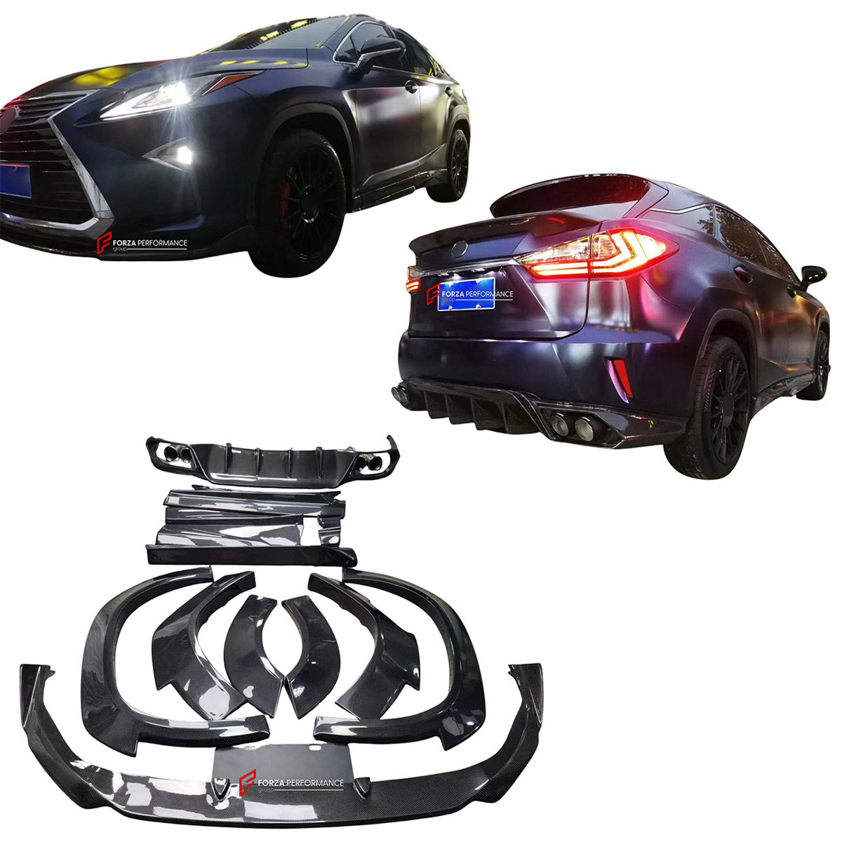 CARBON BODY KIT for LEXUS RX300 AL20 2015 - 2019 FORZA PERFORMANCE custom fit Aimgain Style
Set includes:

Front Lip
Fender Flares
Side Skirts
Rear Diffuser
Material: Carbon

NOTE: Professional installation is required.