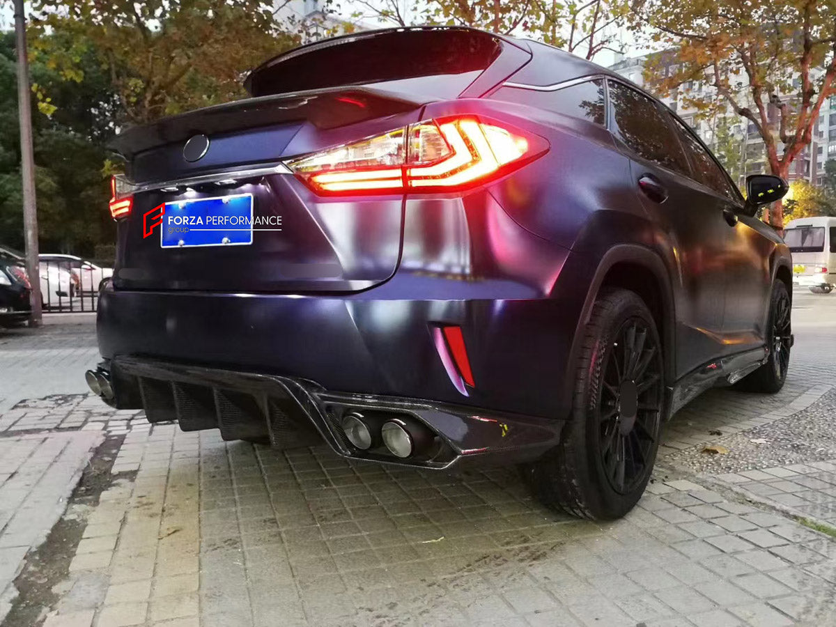 CARBON BODY KIT for LEXUS RX300 AL20 2015 - 2019 FORZA PERFORMANCE custom fit Aimgain Style
Set includes:

Front Lip
Fender Flares
Side Skirts
Rear Diffuser
Material: Carbon

NOTE: Professional installation is required.