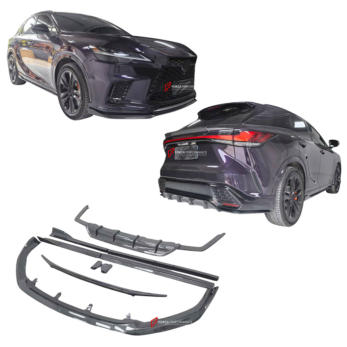 CARBON BODY KIT for LEXUS RX350 AL30 2022+ FORZA PERFORMANCE custom fit Aimgain Style
Set includes:

Front Lip
Side Skirts
Ducktail Spoiler
Rear Diffuser
Material: Carbon, Plastic

NOTE: Professional installation is required.