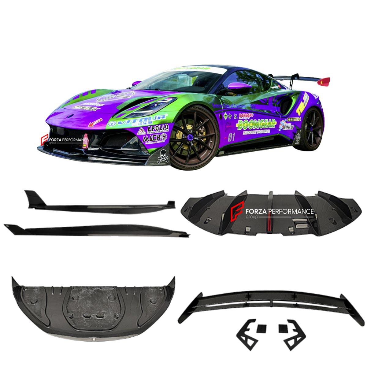 Carbon Body Kit for Lotus Emira 2022+
Set includes:

Front Lip
Side Skirts
Diffuser
Wing Spoiler
Material: Carbon (Can be made in Forged Carbon)

NOTE: Professional installation is required.