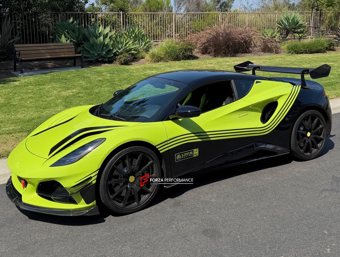 CARBON BODY KIT for LOTUS EMIRA

Set includes:

Roof
Hood
Front Lip
Front Bumper Air Vents
Front Canards
Rear Fender Air Vents
Side Skirts
Rear Diffuser
Rear Spoiler
Rear Spoiler Cover
Door Pedals
Engine Hood Cover
Rear Air Duct
Side Mirrors
Engine Grille
Material: Carbon

Note: Professional installation is required.
