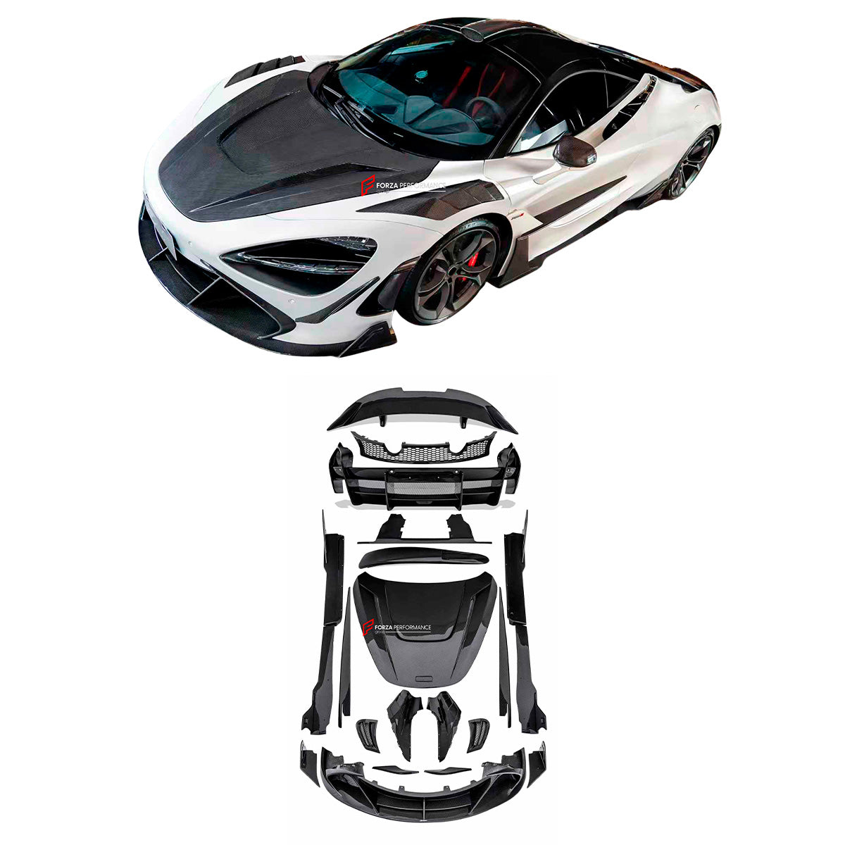 CARBON BODY KIT for MCLAREN 720S 2017 - 2023

Set includes:

Front Splitter / Front Lip Add-Ons
Front Bumper Insert
Front Bumper Canards
Hood / Bonnet
Front Fenders
Roof Air Vent Scoop
Side Skirts
Side Skirts Add-Ons

Rear Bumper 
Rear Diffuser
Rear Bumper Mesh
Rear Spoiler

Material: Carbon Fiber

Note: Professional installation is required.

CONTACT US FOR PRICING