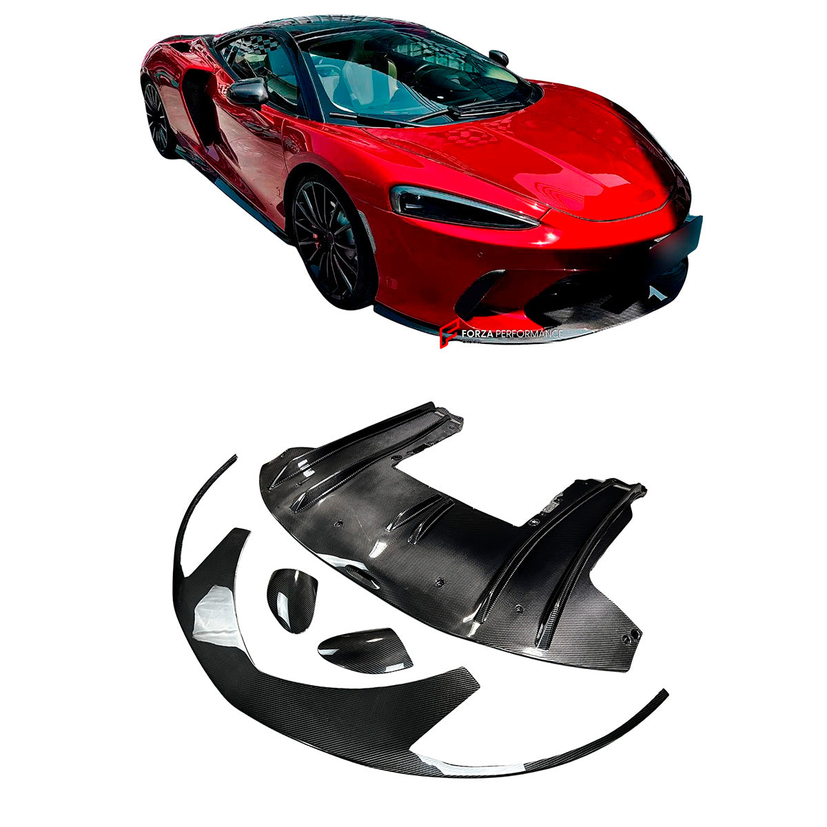 DRY CARBON BODY KIT for MCLAREN GT 2019 - 2024
Set includes:

Front Lip
Front Bumper Air Intake Trims
Side Mirror Covers
Side Skirts
Side Air Vents
Rear Diffuser
Ducktail Spoiler
Material: Dry Carbon

NOTE: Professional installation is required