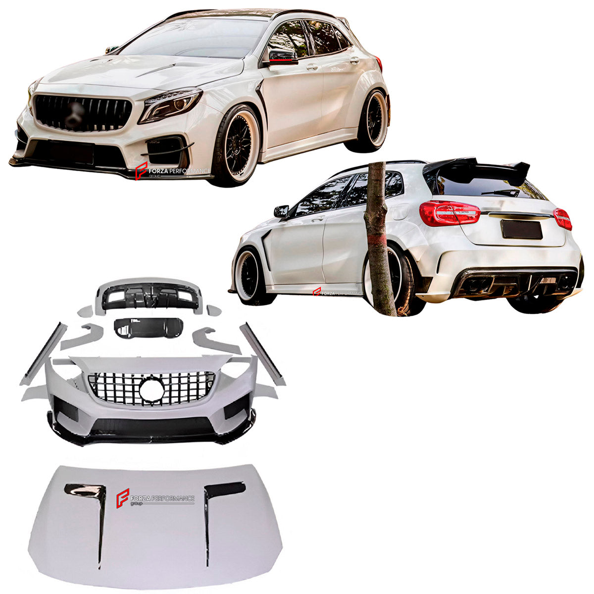 CARBON BODY KIT for Mercedes Benz AMG GLA45 X156 2014 - 2020
Set includes:

Front Bumper
Front Lip
Hood Bonnet
Front Fenders
Side Skirts
Rear Fenders
Roof Spoiler
Rear Diffuser
Rear Bumper
Material: Carbon

NOTE: Professional installation is required.