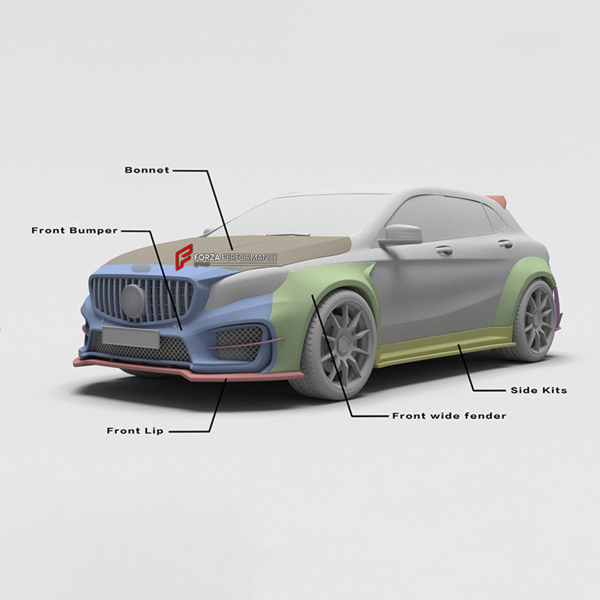 CARBON BODY KIT for Mercedes Benz AMG GLA45 X156 2014 - 2020
Set includes:

Front Bumper
Front Lip
Hood Bonnet
Front Fenders
Side Skirts
Rear Fenders
Roof Spoiler
Rear Diffuser
Rear Bumper
Material: Carbon

NOTE: Professional installation is required.
