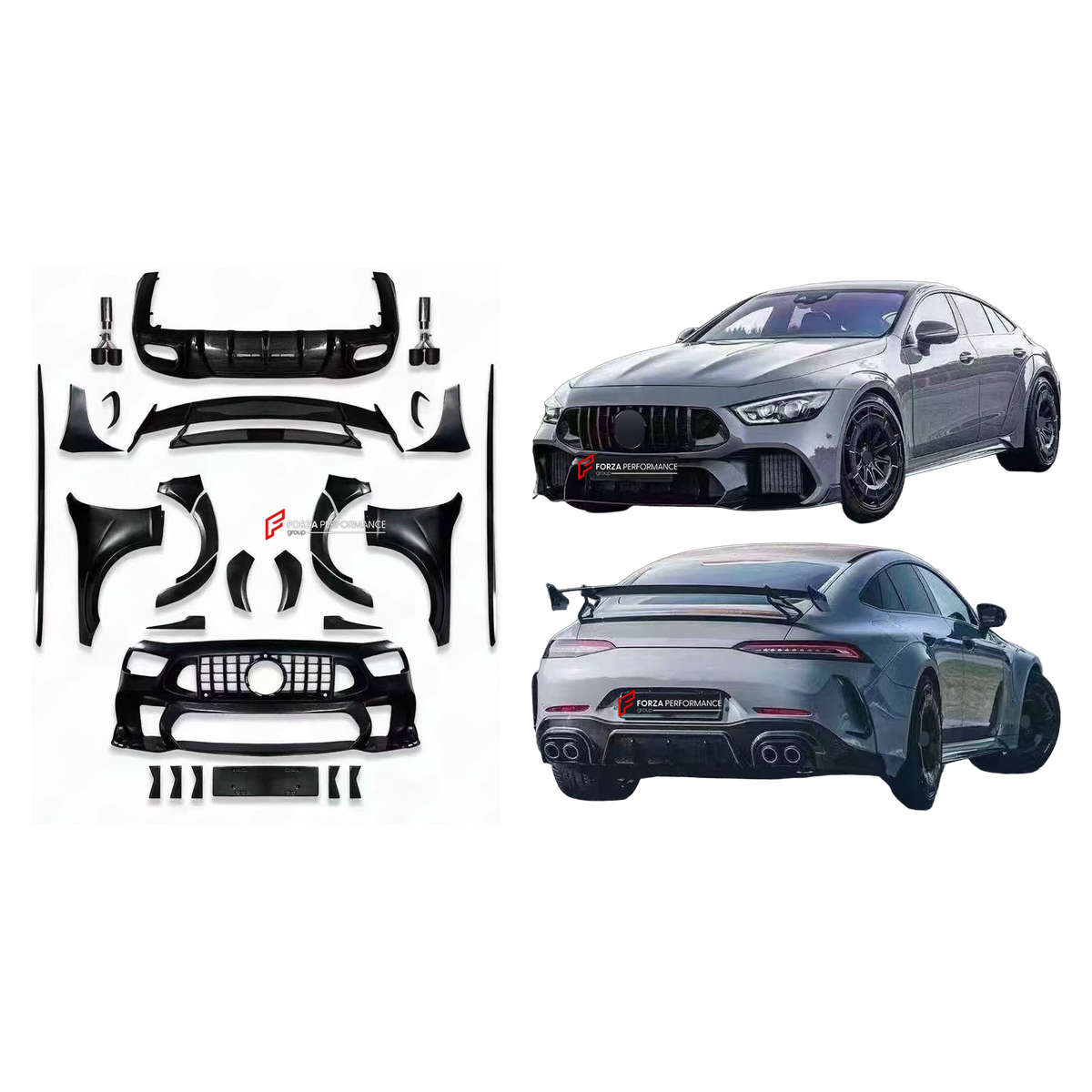 CARBON BODY KIT for MERCEDES-BENZ AMG GT43 GT50 GT53 GT63 S X290 4-DOOR COUPE 2018+ FORZA PERFORMANCE custom fit B900 Style

Set includes:
Front Lip
Front Bumper Assembly
Front Grille
Front Fenders
Fender Flares
Side Skirts
Rear Fenders
Rear Spoiler Wing
Rear Diffuser
Exhaust Tips

Material: Carbon

NOTE: Professional installation is required.
