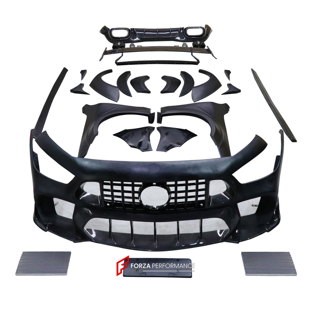 CARBON BODY KIT for Mercedes-Benz AMG GT63 S X290 2018+
Set includes:

Front Lip
Front Bumper Assembly
Front Grille
License Plate
Front Fenders
Fender Flares
Side Skirts
Rear Spoiler Wing
Rear Bumper Fins
Rear Diffuser
Exhaust Tips
Material: Carbon

NOTE: Professional installation is required.