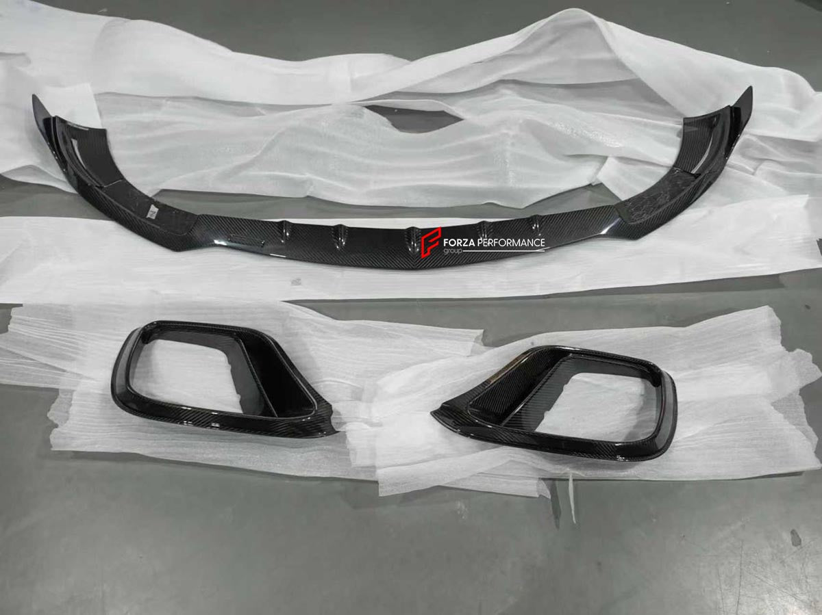 CARBON BODY KIT for MERCEDES BENZ E CLASS E63 AMG W213 2017 - 2020
Set includes:

Front Lip
Front Bumper Air Vents
Mirror Covers
Engine Cover
Rear Diffuser With LED Light
Rear Spoiler
Exhaust Tips
Material: Carbon

NOTE: Professional installation is required.