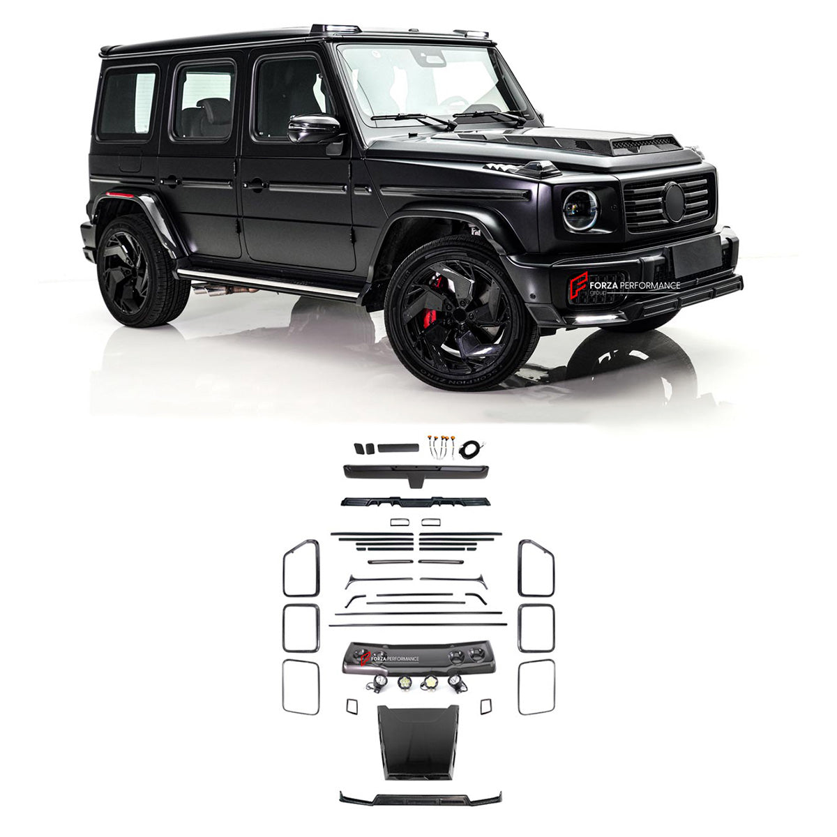 DRY CARBON BODY KIT for MERCEDES BENZ G CLASS G500 G450D W465 2024+

Set includes:

Front Lip

Front Bumper Covers
Turning Light Frame Cover
Hood Scoop
Roof Light Bar
Roof Trim
A-Pllar Cover
Window Frame Covers
Side Molding Trims
Roof Spoiler
D-Pillar Add-Ons
Rear Fender Flare
Rear Trunk Cover
Rear Bumper Covers
Rear Diffuser

Material: Dry Carbon Fiber