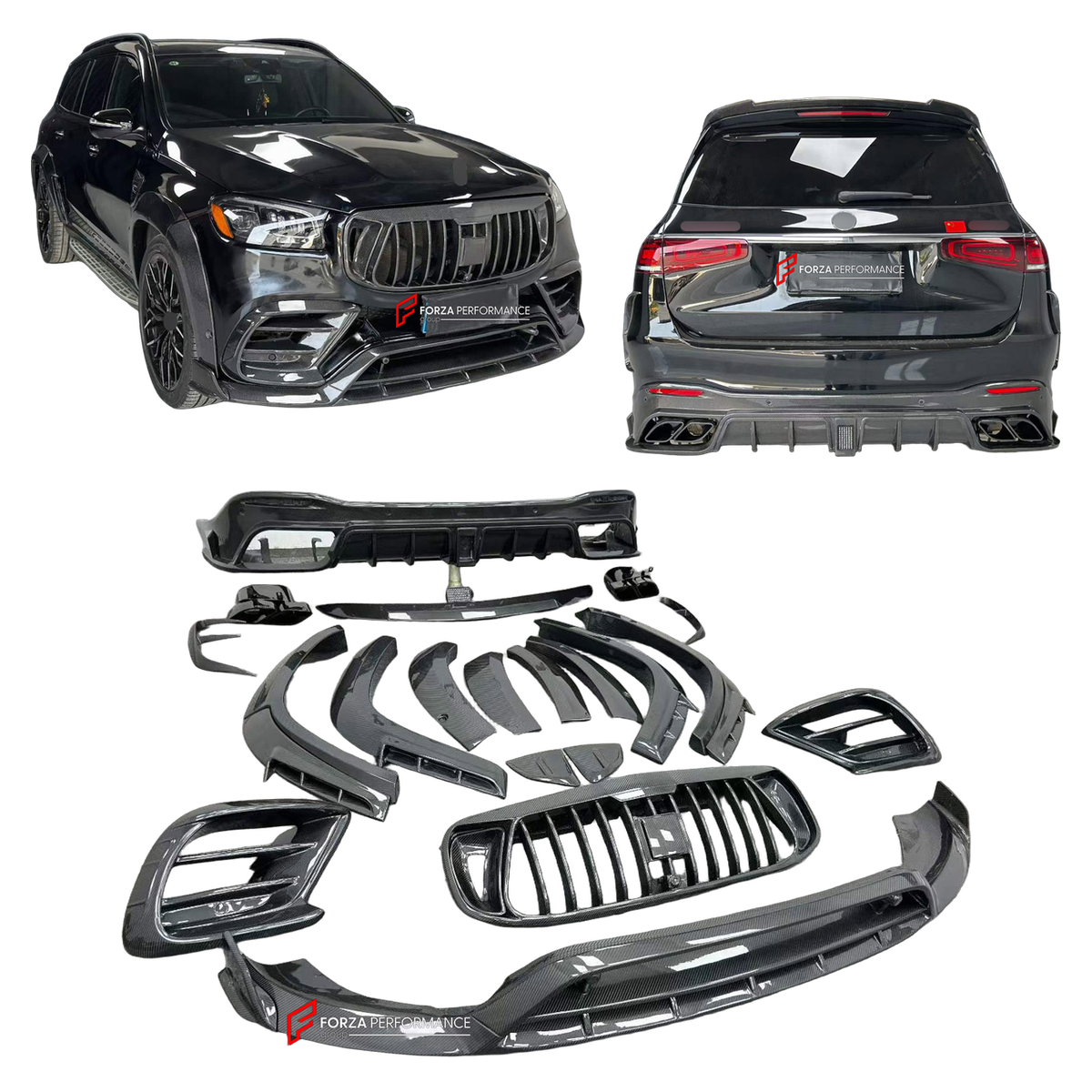 CARBON BODY KIT for MERCEDES-BENZ GLS-CLASS AMG X167 GLS63 2020 - 2023 FORZA PERFORMANCE custom fit Mansory Style

Set includes:
Front Lip
Front Bumper Air Vent Covers
Front Grille
Side Fender Vents
Fender Flares
Roof Spoiler
Rear Bumper Fins
Rear Diffuser
Exhaust Tips

Material: Carbon

NOTE: Professional installation is required.
