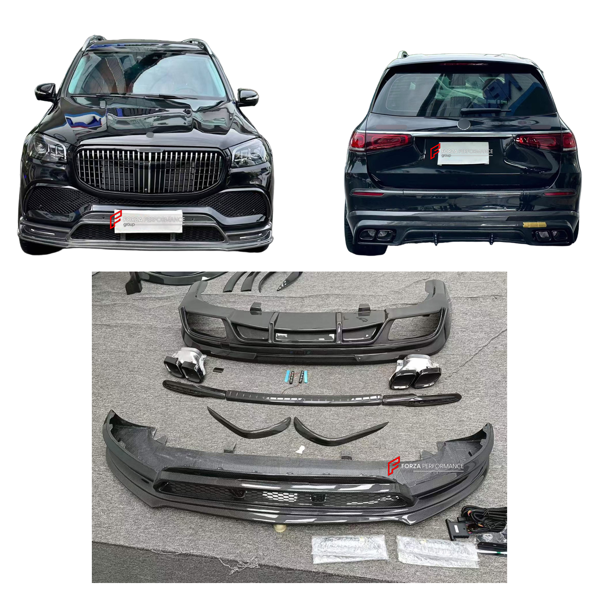 CARBON BODY KIT for MERCEDES-BENZ GLS-CLASS MAYBACH X167 GLS450 2020 - 2023 FORZA PERFORMANCE custom fit Larte Design Style

Set includes:
Front Lip
Front Bumper Canards
Rear Bumper Center Trim
Rear Diffuser
Exhaust Tips

Material: Carbon

NOTE: Professional installation is required.