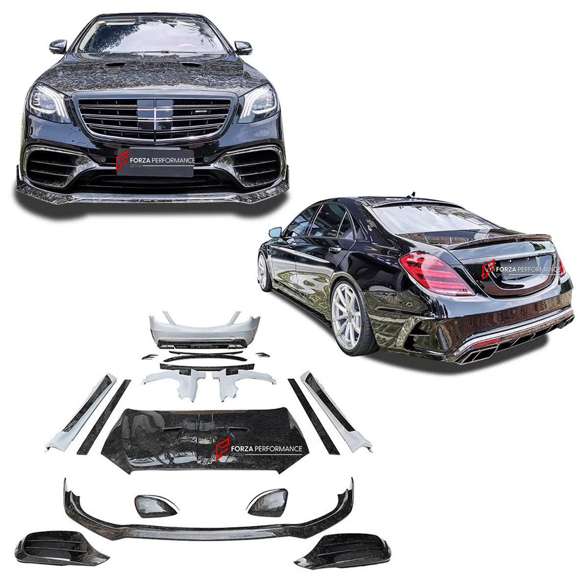 CARBON BODY KIT for MERCEDES BENZ S CLASS AMG W222 S63 S65 FACELIFT 2017 - 2020 custom fit Mansory Style
Set includes:

Front Lip
Front Bumper Canards
Hood Bonnet
Front Fenders
Side Mirror Covers
Side Skirts
Roof Spoiler
Ducktail Spoiler
Rear Bumper Assembly
Rear Diffuser
Material: Carbon, Plastic

NOTE: Professional installation is required.